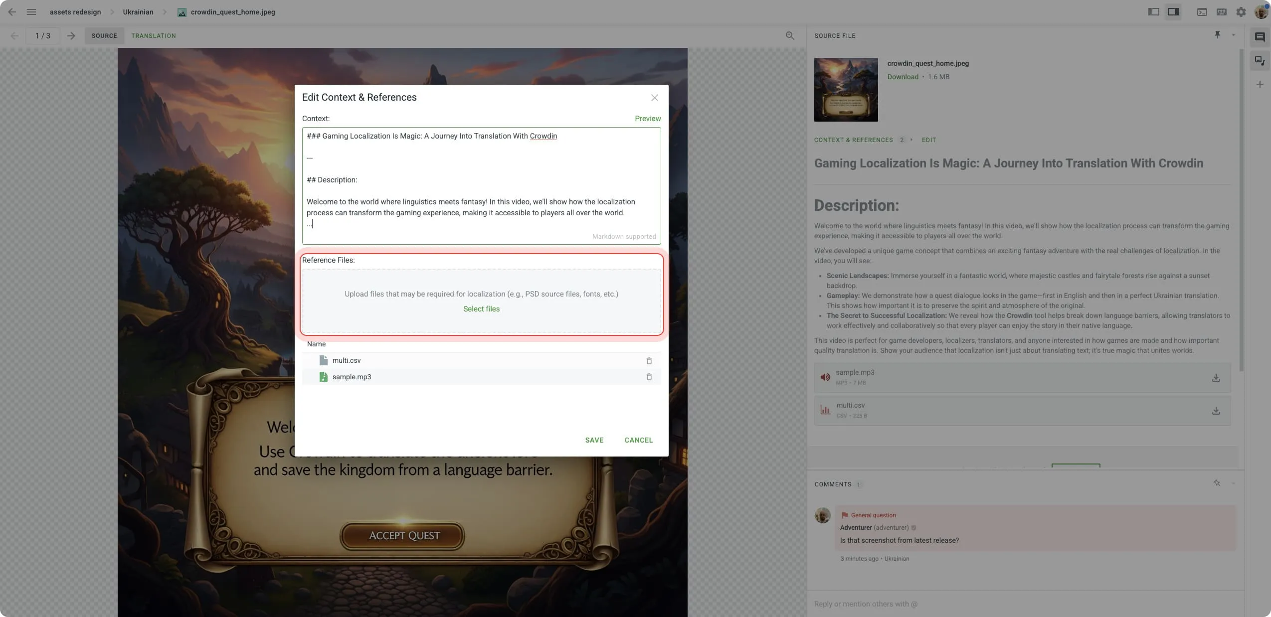Add references to your audio and video assets in Crowdin Editor